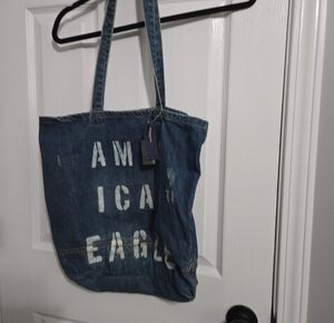 American Eagle Outfitters Blue Denim Tote with White Stenciled Letters